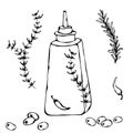 Olive Oil Bottle with Herbs, Thyme, Rosemary, Chili, Pepper, and Metal Dispenser. Vector Illustration Isolated On a