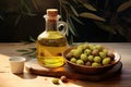 Olive oil bottle, olives and branch on a wooden table