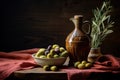 Olive oil bottle, olives and branch on a wooden table