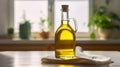 Olive oil bottle on table against sunlit kitchen window background. Generative AI