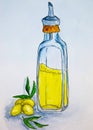 Olive oil in a bottle watercolor drawing, illustration. Royalty Free Stock Photo