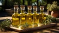 Olive oil bottles. 3D illustration digital art design. Generative AI. Royalty Free Stock Photo