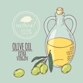 Olive oil carafe with olive branch. Hand drawn