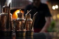 Olive oil copper cruet traditional dispenser detail in italian restaurant