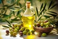 Olive Oil Elegance: Ripe Olives and Oil in Exquisite Presentation - Generative AI Royalty Free Stock Photo
