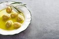 Olive oil with olives and branch Royalty Free Stock Photo