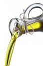 Olive oil flowing from carafe into the spoon. Royalty Free Stock Photo