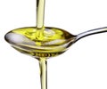 Olive oil flowing into the spoon.