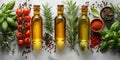 Olive oil with fresh herbs, spice rosemary and basil leaf, pepper and tomato, mediterranean food ingredients Royalty Free Stock Photo