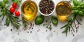 Olive oil with fresh herbs and spices rosemary and basil leaf, pepper and green olives, mediterranean food ingredients