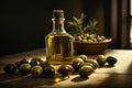 Olive Oil and Fresh Olives on a Rustic Wooden Plate