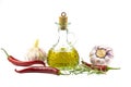 Olive oil, garlic, hot pepper and rosemary branch isolated on white background Royalty Free Stock Photo