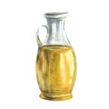Olive oil in glass bottle, carafe, jug Cooking food vegetable sauce. Watercolor painted illustration