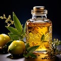 Olive oil in a glass bottle with fresh olives on a black background