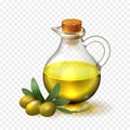 Olive oil in a glass bottle with handle and corck and olives with green leaves Royalty Free Stock Photo