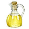 Olive oil in glass bottle illustration. Natural fresh organic yellow vegetable oil realistic watercolor image. Glass jar