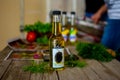 The olive oil in the glass bottle on the kitchen table, Kirlangic product, 20 mart 2018