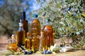 Olive oil in glass decanters and bottles