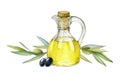 Olive oil in glass jug with olives and tree branches illustration. Natural fresh organic yellow vegetable oil realistic