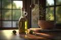 Olive oil in a glass jug on wooden table in the kitchen, light from the window