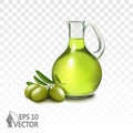 Olive oil in glass pitcher, fresh olive branch isolated on white background, 3d realistic, vector icon Royalty Free Stock Photo