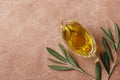 Olive oil in a gravy boat and an olive branch Royalty Free Stock Photo