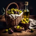 Bottle of extra virgin olive oil close up. Olives in a basket.