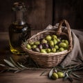 Bottle of extra virgin olive oil close up. Olives in a basket.