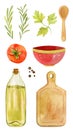 Olive oil, greenery, tomato, cutting board - hand painted watercolor illustration