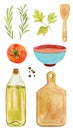 Olive oil, greenery, tomato, cutting board - hand painted watercolor illustration