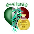 Olive oil from Italy. olive oil bottle and olives on branch. flag of Italy in heart shape. vector. Royalty Free Stock Photo