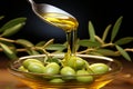 Olive oil jet, olive branch, and spoon Æ?? a harmonious culinary trio