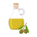 Olive oil in a jug. And a branch of an olive tree with green olives. Healthy food, an ingredient. Flat, cartoon style Royalty Free Stock Photo