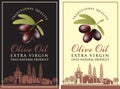 Olive oil labels with countryside landscape and black olives