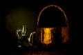 Olive oil and old copper pot Royalty Free Stock Photo