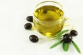 Olive oil, olives and branch Royalty Free Stock Photo