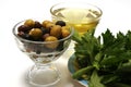 Olive oil, olives and green salad Royalty Free Stock Photo