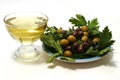 Olive oil, olives and green salad Royalty Free Stock Photo