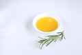 Olive oil porcelain plate Rosemary branch Isolated Mediterranean cuisine concept White background