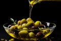 olive oil poured over fresh olives on a black .generated by ai Royalty Free Stock Photo