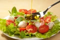 Olive oil pouring over salad Royalty Free Stock Photo