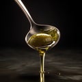 Olive oil pouring from a spoon into a bowl on a dark background.