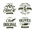 Olive oil premium quality. Olives branch vintage label collection. Extra virgin emblem set. Healthy products retro green