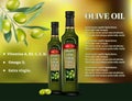 Olive oil products ad. Vector 3d illustration. Cooking olive oil glass bottle template design. Oil bottle advertisement