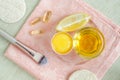 Olive oil, raw egg, lemon and vitamin E softgels - ingredients for preparing diy face and hair masks, scrubs and moisturizers. Royalty Free Stock Photo