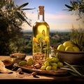 Olive oil and rosemary. Chili peppers, tomatoes, nuts, garlic, red, green peppers on an old wooden table. Generative AI Royalty Free Stock Photo