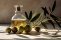 Olive oil in small bottle with olives and branch of olive tree with soft shadow. Royalty Free Stock Photo