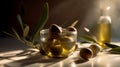 Olive oil in small glass bowl with olives and branch of olive tree with soft shadow. Royalty Free Stock Photo