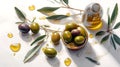 Olive oil in small jar with olives and branch of olive tree with soft shadow. Royalty Free Stock Photo
