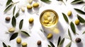 Olive oil in small jar with olives and branch of olive tree with soft shadow. Flat lay. Royalty Free Stock Photo